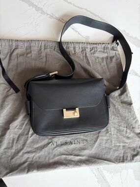 AllSaints Black Leather Shoulder Bag with Gold Turn-Lock